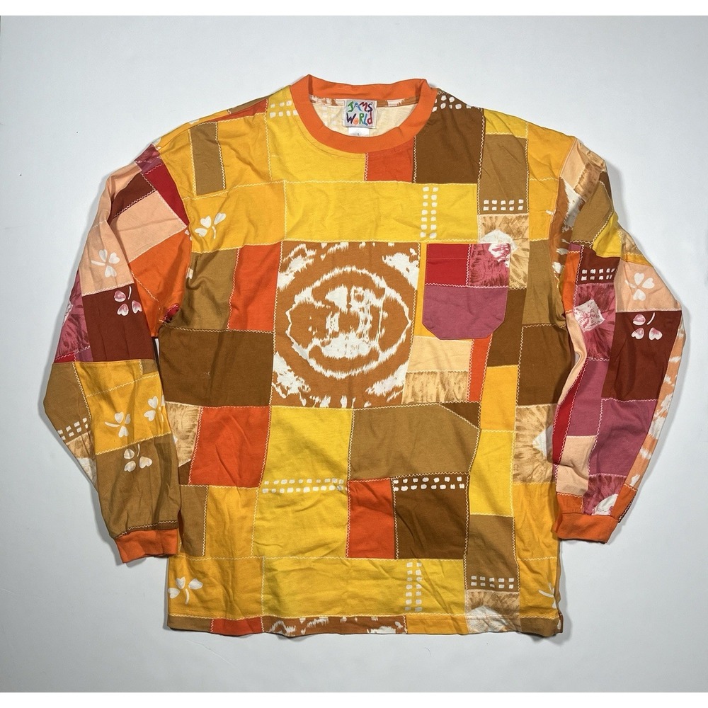 VTG Jams World Long Sleeve T Shirt Mens Large Orange Patchwork Floral Hawaii